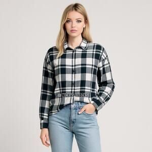 Sanctuary Nordic Plaid Cropped Button Down Long Sleeve Cotton Shirt Size S